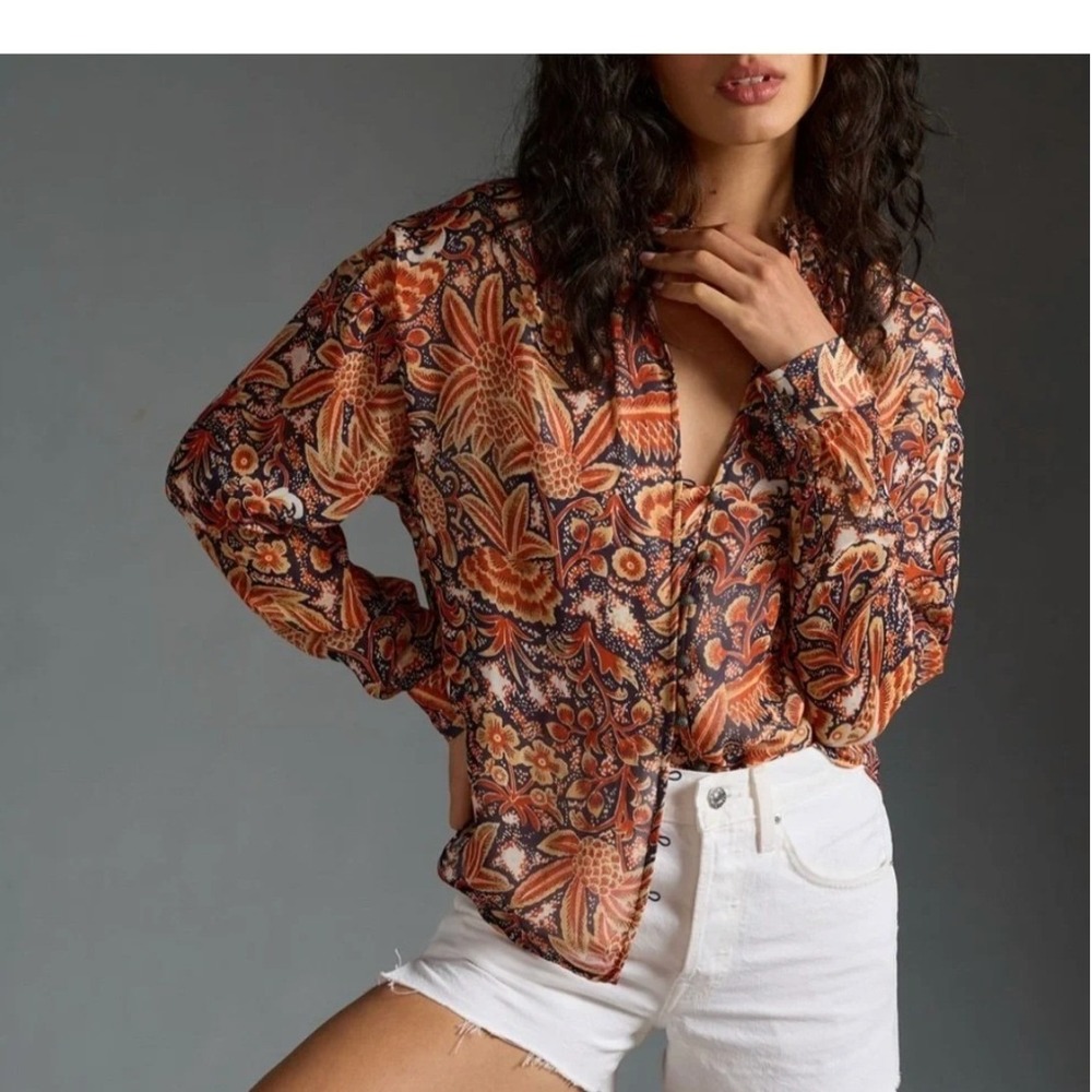 Pilcro Anthropologie Floral Button Down Blouse Orange Multi Boho Top Medium